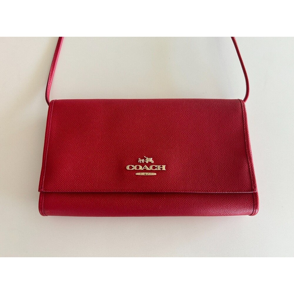 Coach Foldover Red Leather Clutch Wallet Crossbody Bag